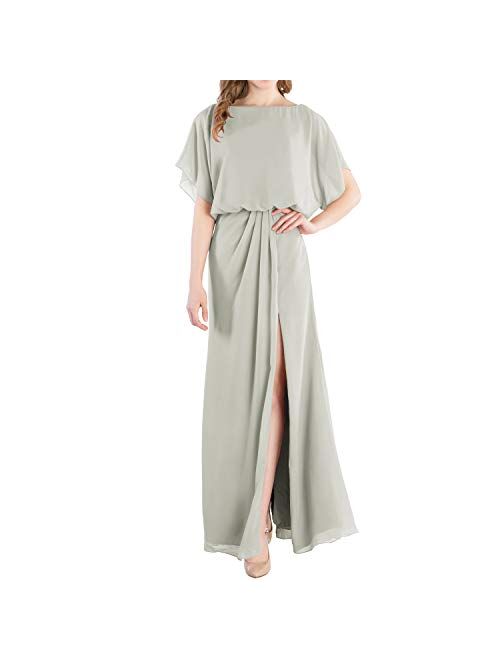 MACloth Boat Neck Flutter Sleeves Long Wedding Party Bridesmaid Dress