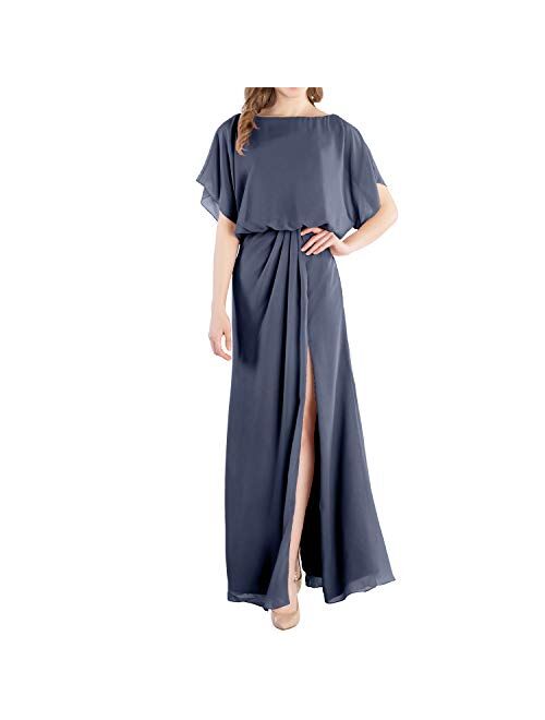 MACloth Boat Neck Flutter Sleeves Long Wedding Party Bridesmaid Dress