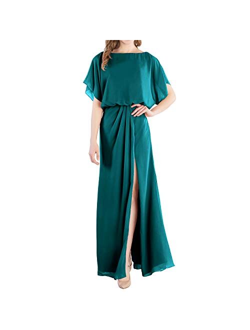 MACloth Boat Neck Flutter Sleeves Long Wedding Party Bridesmaid Dress