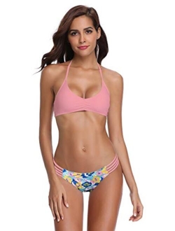 Women's Floral Printing Cutout Strappy Halter Swimsuits Bikini Suits