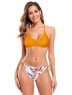 Women's Floral Printing Cutout Strappy Halter Swimsuits Bikini Suits