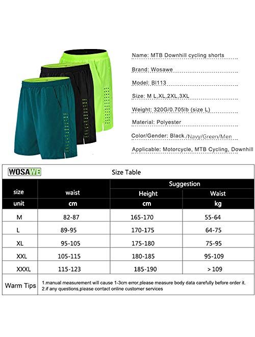 WOSAWE Men's MTB Cycling Padded Shorts Silicone Gel Padded Mesh Liner Bike Shorts