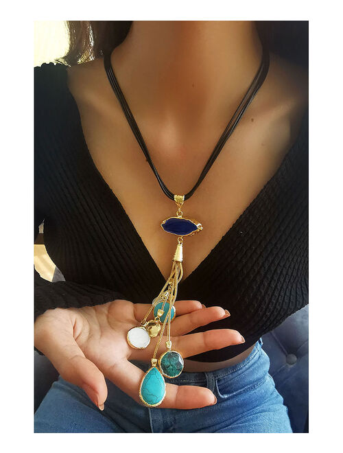 Agate & Turquoise Stone Tassel Pendant Necklace