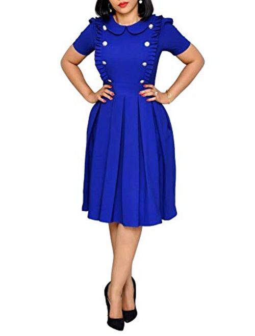 OLUOLIN Women's Elegant Flounce Ruffled Wear to Work Business Short Sleeve Button Decoration Ruffle Hem Pleated Midi Dress