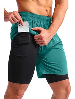 Pudolla Men’s 2 in 1 Running Shorts 7" Quick Dry Gym Athletic Workout Shorts for Men with Phone Pockets