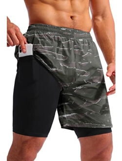 Pudolla Men’s 2 in 1 Running Shorts 7" Quick Dry Gym Athletic Workout Shorts for Men with Phone Pockets