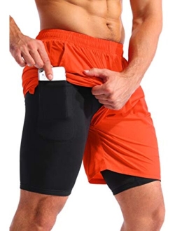 Pudolla Men’s 2 in 1 Running Shorts 7" Quick Dry Gym Athletic Workout Shorts for Men with Phone Pockets