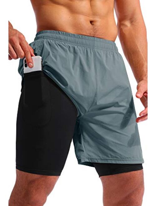 Pudolla Men’s 2 in 1 Running Shorts 7" Quick Dry Gym Athletic Workout Shorts for Men with Phone Pockets