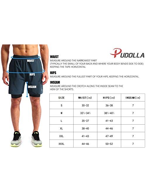 Pudolla Men’s 2 in 1 Running Shorts 7" Quick Dry Gym Athletic Workout Shorts for Men with Phone Pockets