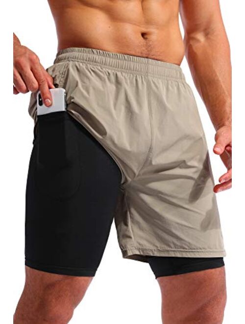 Pudolla Men’s 2 in 1 Running Shorts 7" Quick Dry Gym Athletic Workout Shorts for Men with Phone Pockets