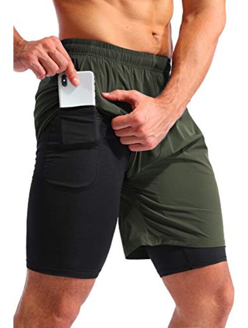 Pudolla Men’s 2 in 1 Running Shorts 7" Quick Dry Gym Athletic Workout Shorts for Men with Phone Pockets