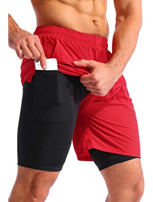 Pudolla Men’s 2 in 1 Running Shorts 7" Quick Dry Gym Athletic Workout Shorts for Men with Phone Pockets