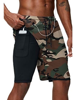 Pinkbomb Men's 2 in 1 Running Shorts Gym Workout Quick Dry Mens Shorts with Phone Pocket