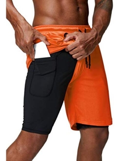 Pinkbomb Men's 2 in 1 Running Shorts Gym Workout Quick Dry Mens Shorts with Phone Pocket