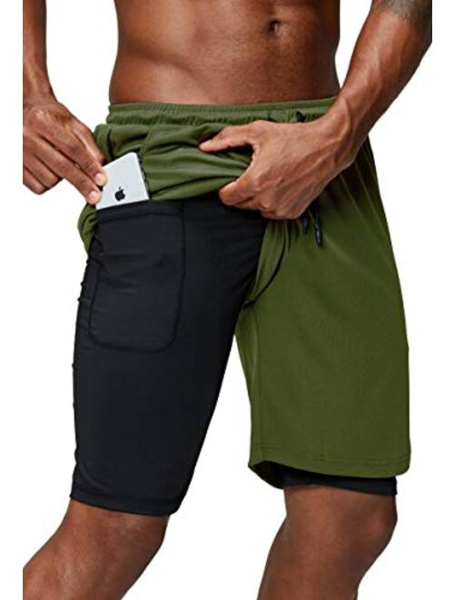 Pinkbomb Men's 2 in 1 Running Shorts Gym Workout Quick Dry Mens Shorts with Phone Pocket