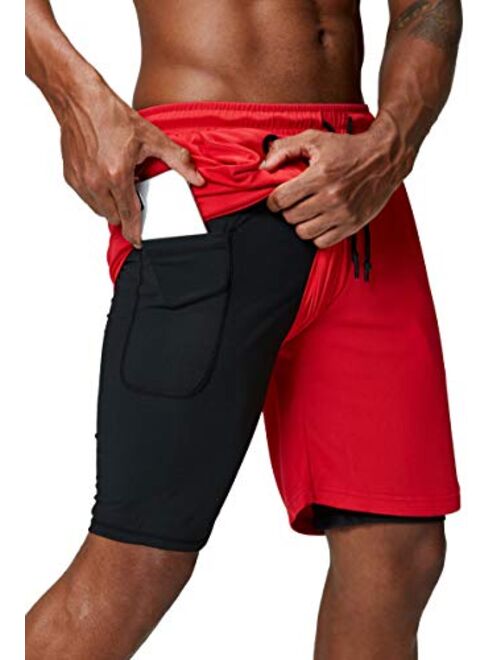 Pinkbomb Men's 2 in 1 Running Shorts Gym Workout Quick Dry Mens Shorts with Phone Pocket