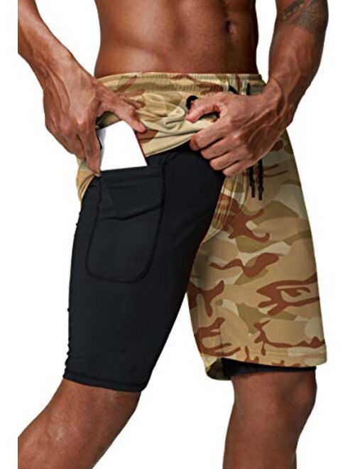 Pinkbomb Men's 2 in 1 Running Shorts Gym Workout Quick Dry Mens Shorts with Phone Pocket