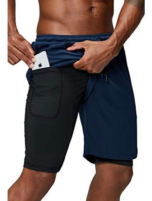 Pinkbomb Men's 2 in 1 Running Shorts Gym Workout Quick Dry Mens Shorts with Phone Pocket