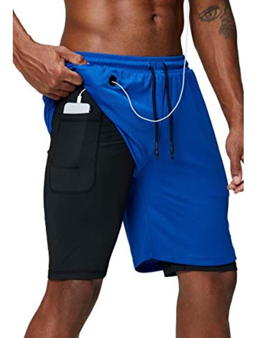 Pinkbomb Men's 2 in 1 Running Shorts Gym Workout Quick Dry Mens Shorts with Phone Pocket