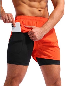 Pudolla Men’s 2 in 1 Running Shorts 5" Quick Dry Gym Athletic Workout Shorts for Men with Phone Pockets