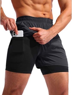 Pudolla Men’s 2 in 1 Running Shorts 5" Quick Dry Gym Athletic Workout Shorts for Men with Phone Pockets