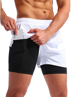 Pudolla Men’s 2 in 1 Running Shorts 5" Quick Dry Gym Athletic Workout Shorts for Men with Phone Pockets