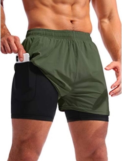 Pudolla Men’s 2 in 1 Running Shorts 5" Quick Dry Gym Athletic Workout Shorts for Men with Phone Pockets