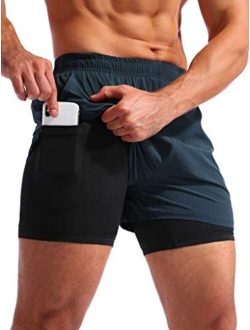 Pudolla Men’s 2 in 1 Running Shorts 5" Quick Dry Gym Athletic Workout Shorts for Men with Phone Pockets