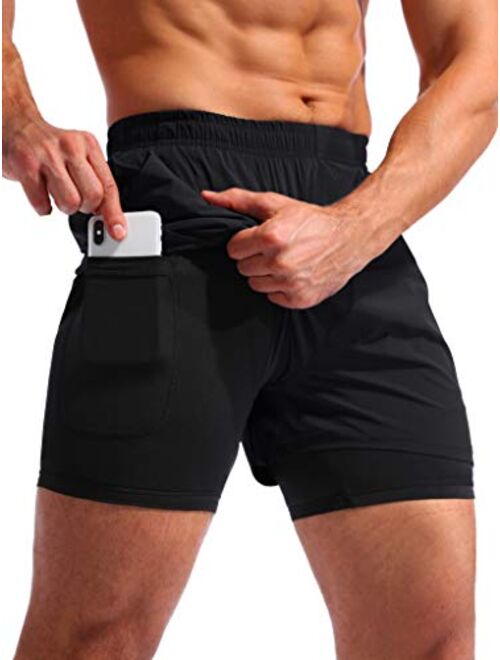 Pudolla Men’s 2 in 1 Running Shorts 5" Quick Dry Gym Athletic Workout Shorts for Men with Phone Pockets