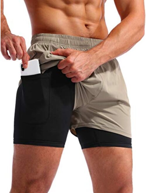 Pudolla Men’s 2 in 1 Running Shorts 5" Quick Dry Gym Athletic Workout Shorts for Men with Phone Pockets