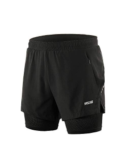 ARSUXEO Men's 2 in 1 Running Shorts Breathable Zipper Pocket B202