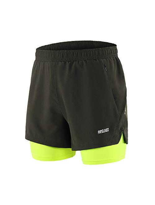 ARSUXEO Men's 2 in 1 Running Shorts Breathable Zipper Pocket B202