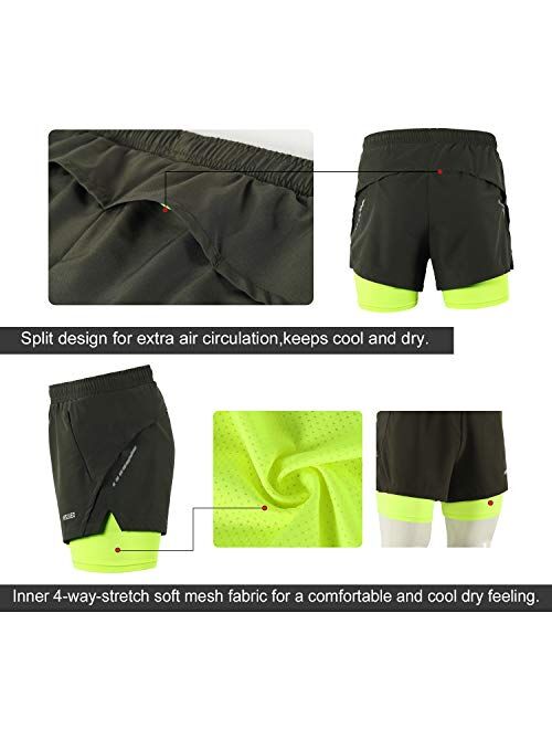 ARSUXEO Men's 2 in 1 Running Shorts Breathable Zipper Pocket B202