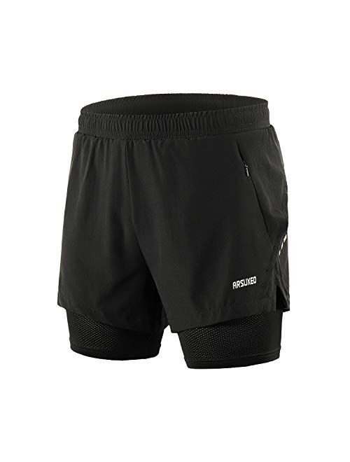 ARSUXEO Men's 2 in 1 Running Shorts Breathable Zipper Pocket B202