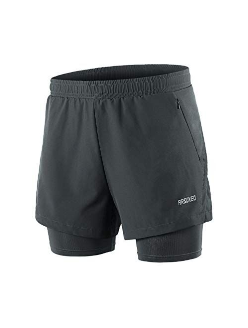 ARSUXEO Men's 2 in 1 Running Shorts Breathable Zipper Pocket B202