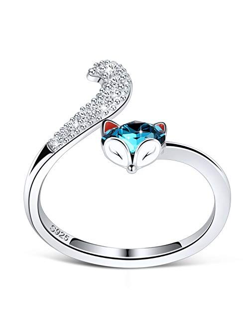 PLATO H S925 Sterling Silver Fox Animal Ring Crystals for Women Teen Girl High Polish Plain Adjustable Fox Tail Ring Anniversary Jewelry Valentines Day Gifts for her