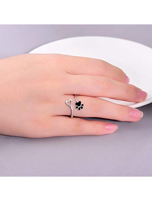 ACJFA 925 Sterling Silver Paw Print Love Heart Ring Adjustable Wrap Open Rings Animal Jewelry for Pet Dog Cat Lovers