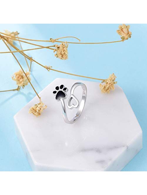 ACJFA 925 Sterling Silver Paw Print Love Heart Ring Adjustable Wrap Open Rings Animal Jewelry for Pet Dog Cat Lovers