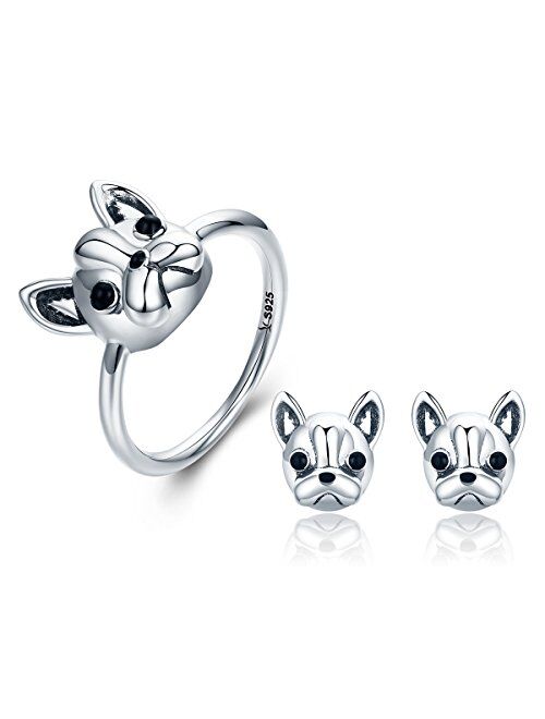 Presentski Bulldog Sterling Siver Ring Cute Birthday Gift for Girls and Mother's Day