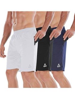 SILKWORLD Men's 7" Athletic Running Shorts with Zipper Pockets（Pack of 3）