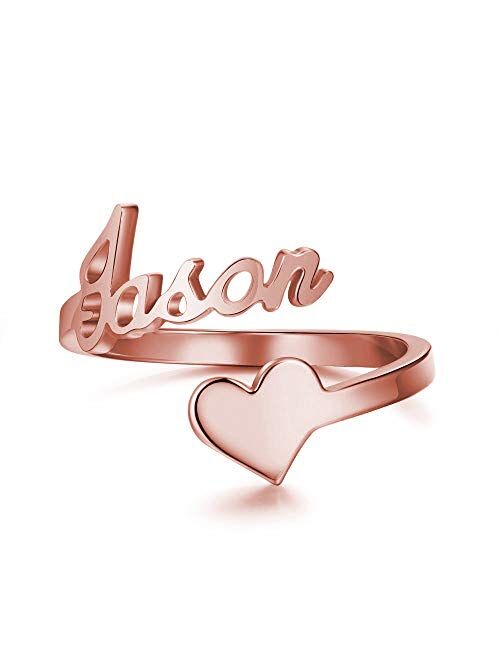 925 Sterling Silver Personalized Name Ring with Heart, Engraved Any Name Initial Number Stacking Ring Gift for Mother, Women, Girls