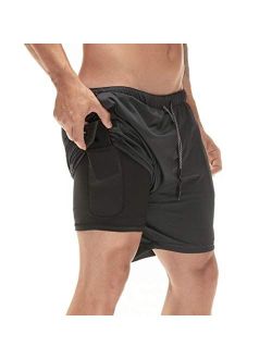 DUOFIER Men's 2-in-1 Running Shorts Workout Training Short with Inner Compression Short and Zip Pocket