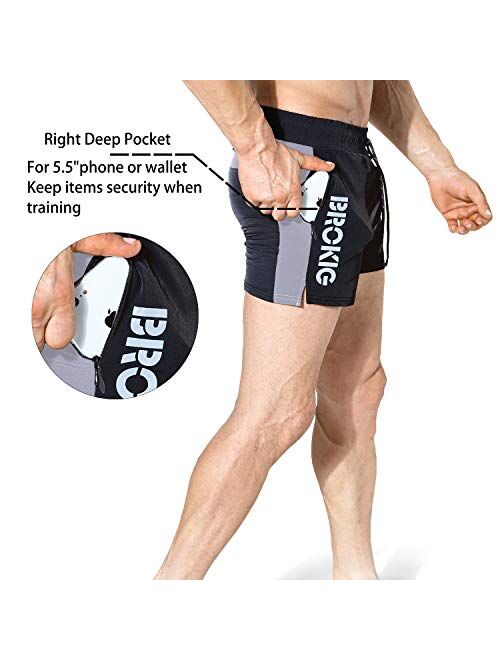 BROKIG Men's 5" Gym Bodybuilding Workout Shorts Running Lightweight Short with Zipper Pockets