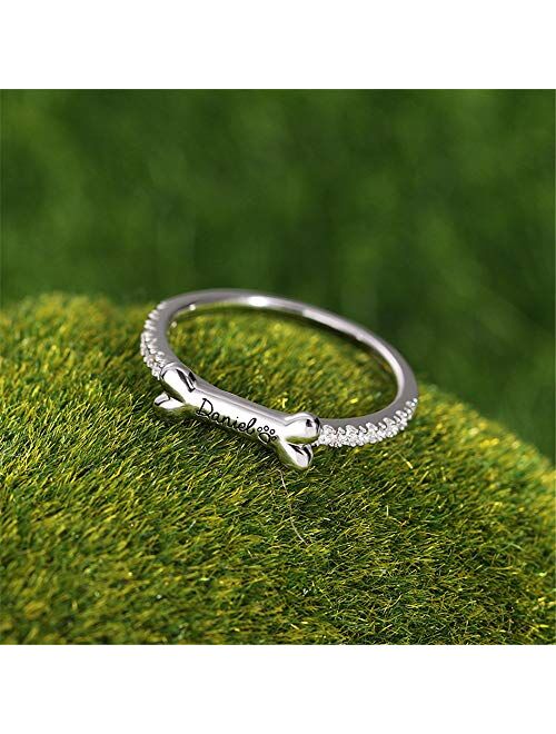 AILIN Jewelry 925 Sterling Silver Personalized Bone Shaped Name Ring Paw Printed Halo Dainty Ring Puppy Jewelry Pet Lover Rings