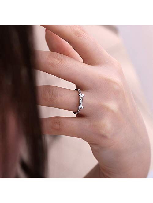 AILIN Jewelry 925 Sterling Silver Personalized Bone Shaped Name Ring Paw Printed Halo Dainty Ring Puppy Jewelry Pet Lover Rings