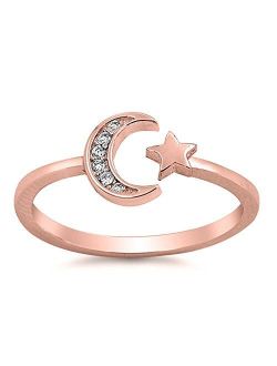 Oxford Diamond Co Sterling Silver Celestial Star & Moon Open Ring Sizes 2-10 Colors Available