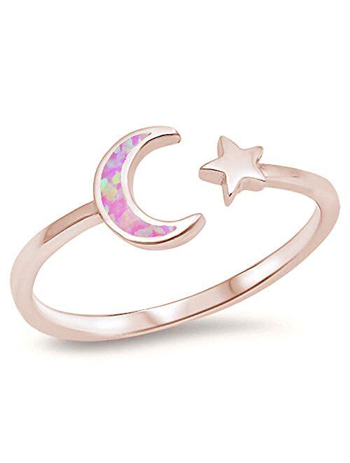 Oxford Diamond Co Sterling Silver Celestial Star & Moon Open Ring Sizes 2-10 Colors Available