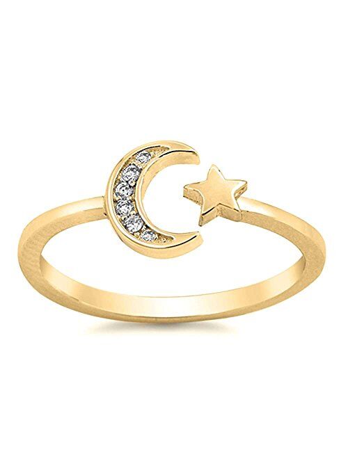 Oxford Diamond Co Sterling Silver Celestial Star & Moon Open Ring Sizes 2-10 Colors Available