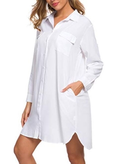 MANAIXUAN Women's Shirt Dress V Neck Long Sleeve Loose Casual with Pockets Front Button