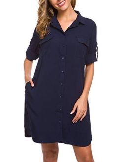 MANAIXUAN Women's Shirt Dress V Neck Long Sleeve Loose Casual with Pockets Front Button